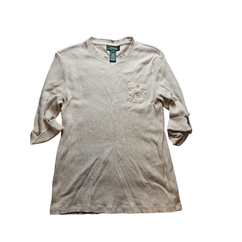 Lauren Ralph Lauren Womens Tan Waffle Knit Roll Tab Sleeve Pocket Top Large